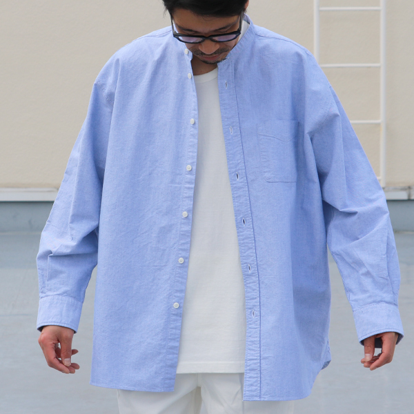 播州織オックスフォードシャンブレー バンドカラー 長袖 ボクシーA