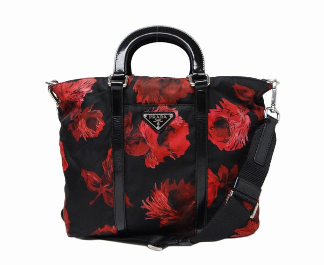 PRADA プラダ フラワー 花柄 ナイロン2WAYバッグ ブラック×レッド×三角
