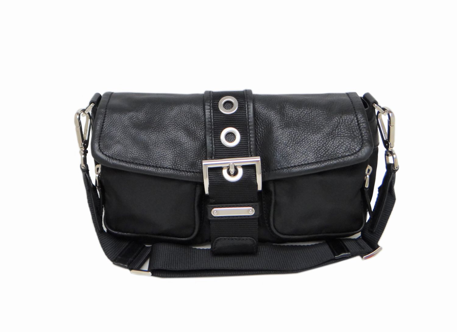 PRADA プラダ BR2417 レザー×ナイロン ショルダーパック ブラック×三角