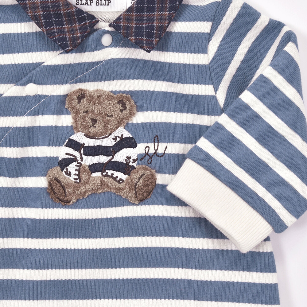 チェック襟アニマルクマサガラ刺しゅうボーダーロンパース(70~80cm