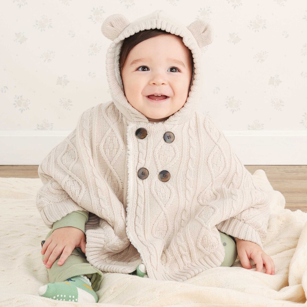 お揃い】クマ耳フード付き裏ボアケーブルマントベビー(50~90cm)(ﾜﾝｻｲｽﾞ