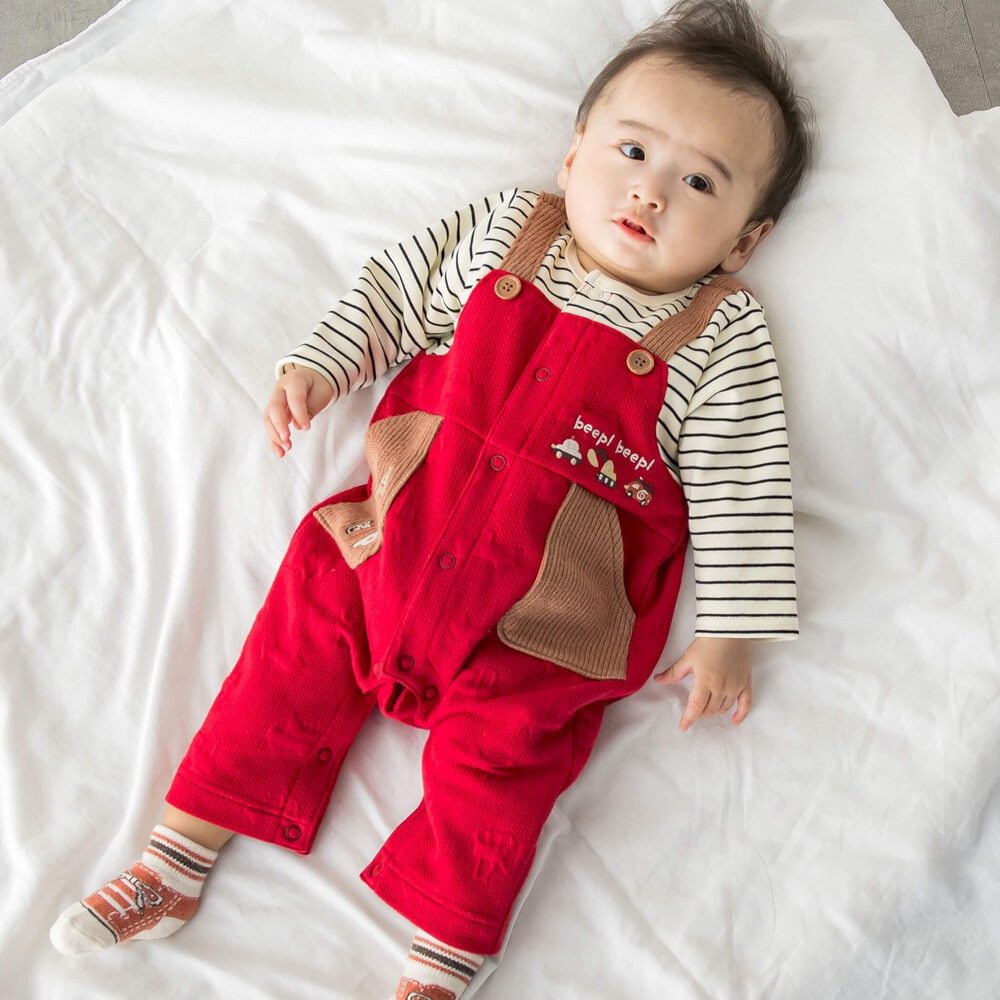 お揃い】車模様生地サロペット風ロンパース(60~80cm)(60cm ネイビー