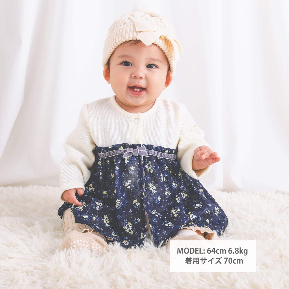 花柄シフォンドッキングロンパースベビー(60~80cm)(60cm ネイビー系
