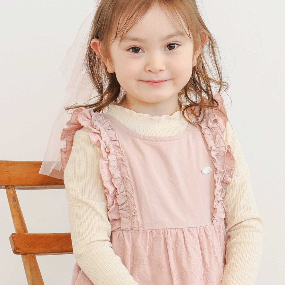 肩フリル花柄レースジャンパースカート(80~130cm)(80cm ピンク