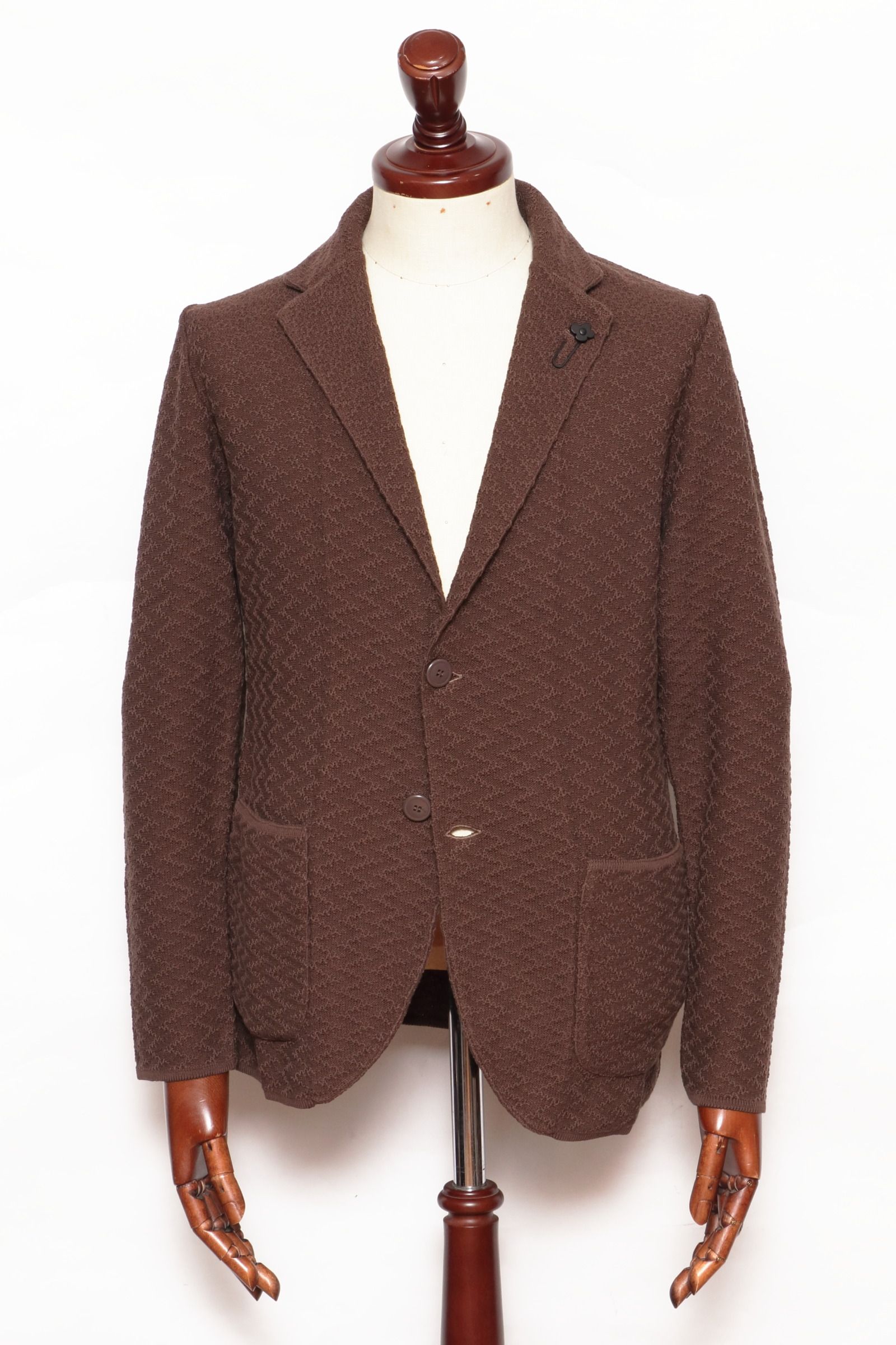 LARDINI - 柄編み コットン ニット 2B ジャケット / ブラウン | BEKKU