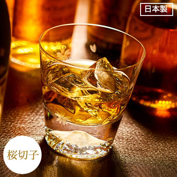 田島窯 江戸硝子 富士山 ロックグラス 桜切子 木箱入り｜ギフト