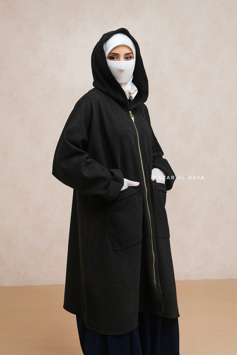 Black Kinza Warm Hooded Poncho Overcoat - Comfy Oversized- Premium