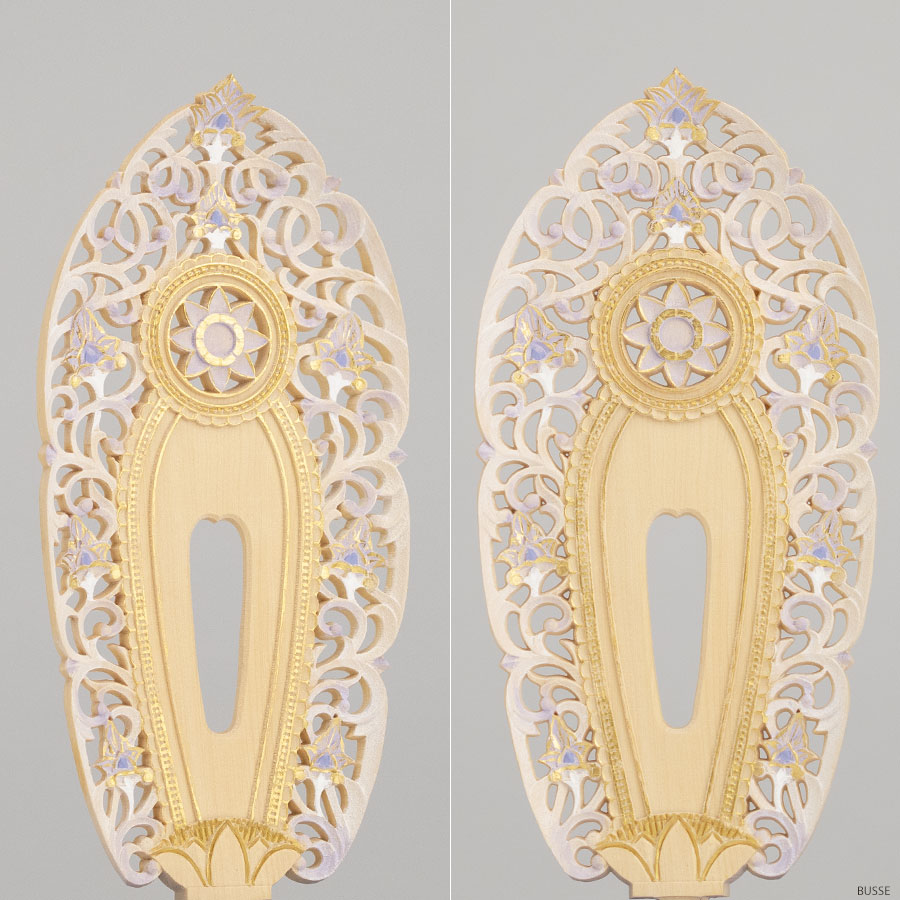 仏像 舟立阿弥陀如来 柘植製/ツゲ 丸座 3寸 金泥書 淡彩色 藤色 浄土宗