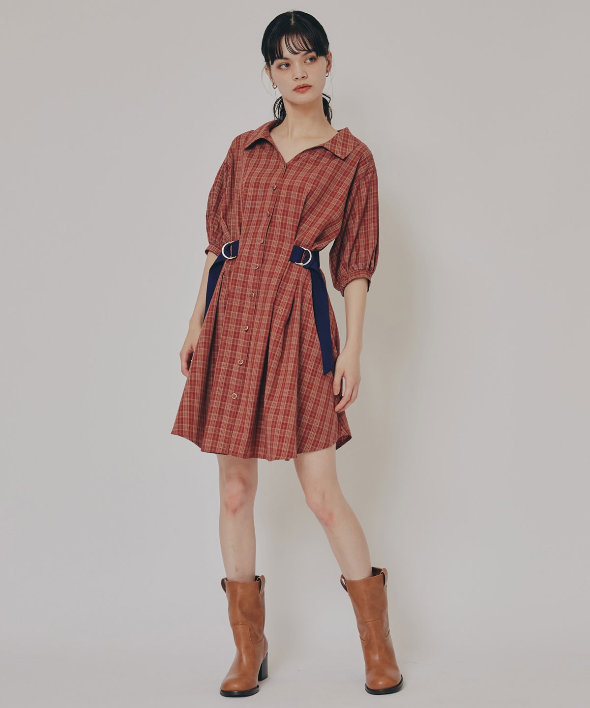 チェックバイカラーウエストベルトシャツワンピース