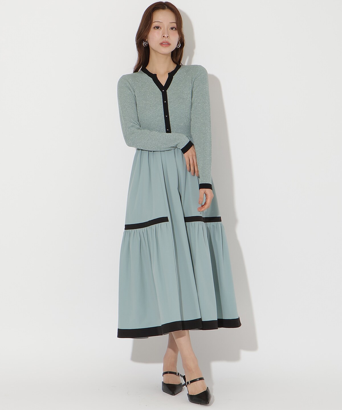 ラメ入り配色ドッキングワンピース(F ホワイト): AND COUTURE｜公式