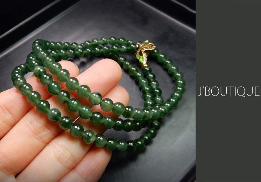 ミャンマー産天然無処理翡翠 ビーズ ネックレス 深緑 冰