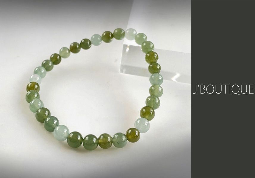 ミャンマー産天然無処理翡翠 ビーズ ブレスレット 淡黄緑 淡青緑 オフ