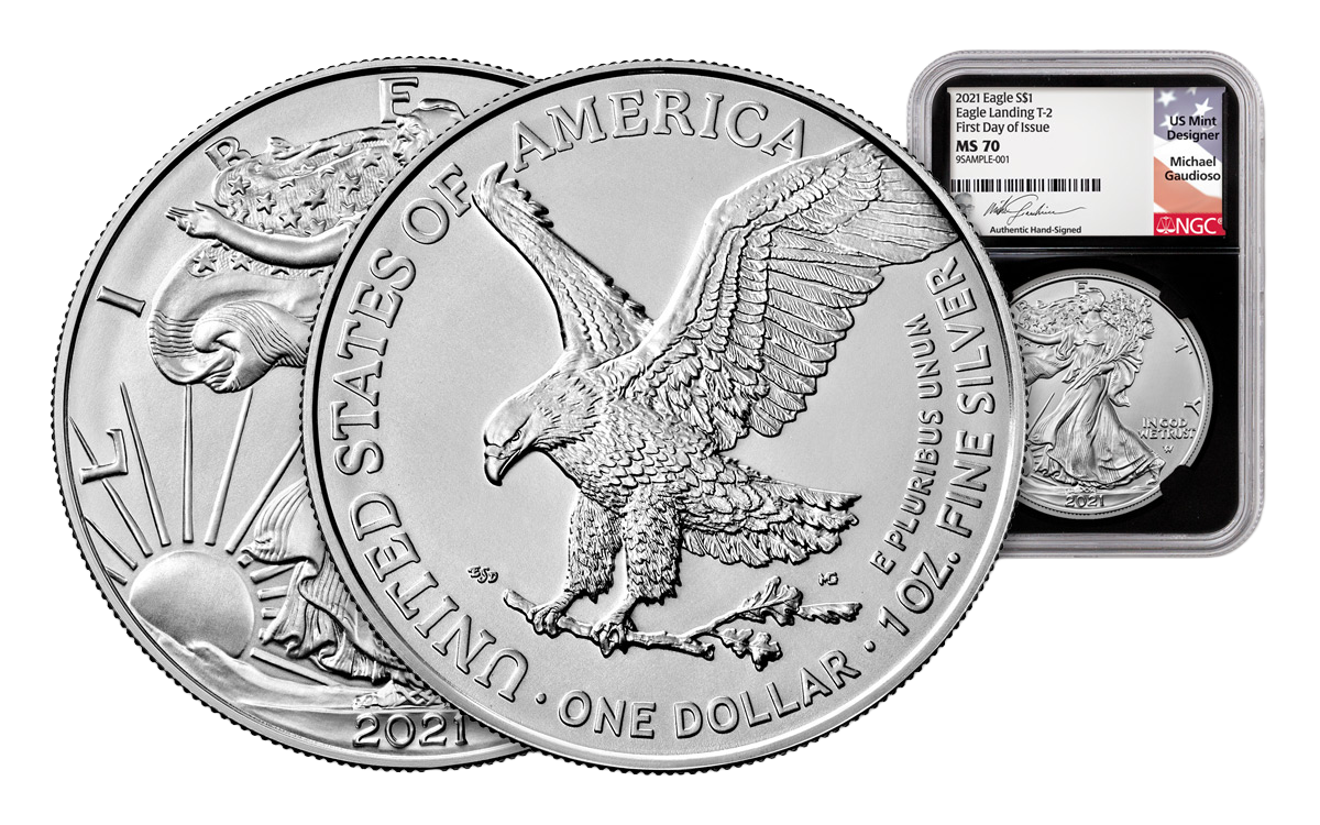 2021 $1 1-oz Silver Eagle T-1 PCGS MS70 FDI w/Flag Label | govmint.com