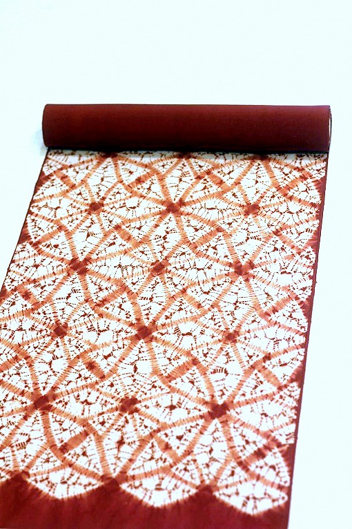 茜染め/九寸名古屋帯 麻の葉繋ぎ 紬地