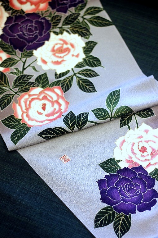 手描き友禅/九寸名古屋帯 久呂田明功作 薔薇