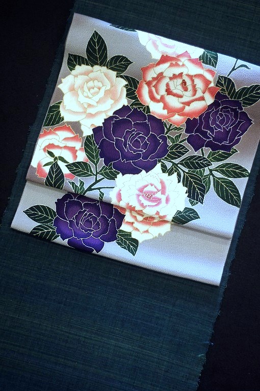 手描き友禅/九寸名古屋帯 久呂田明功作 薔薇