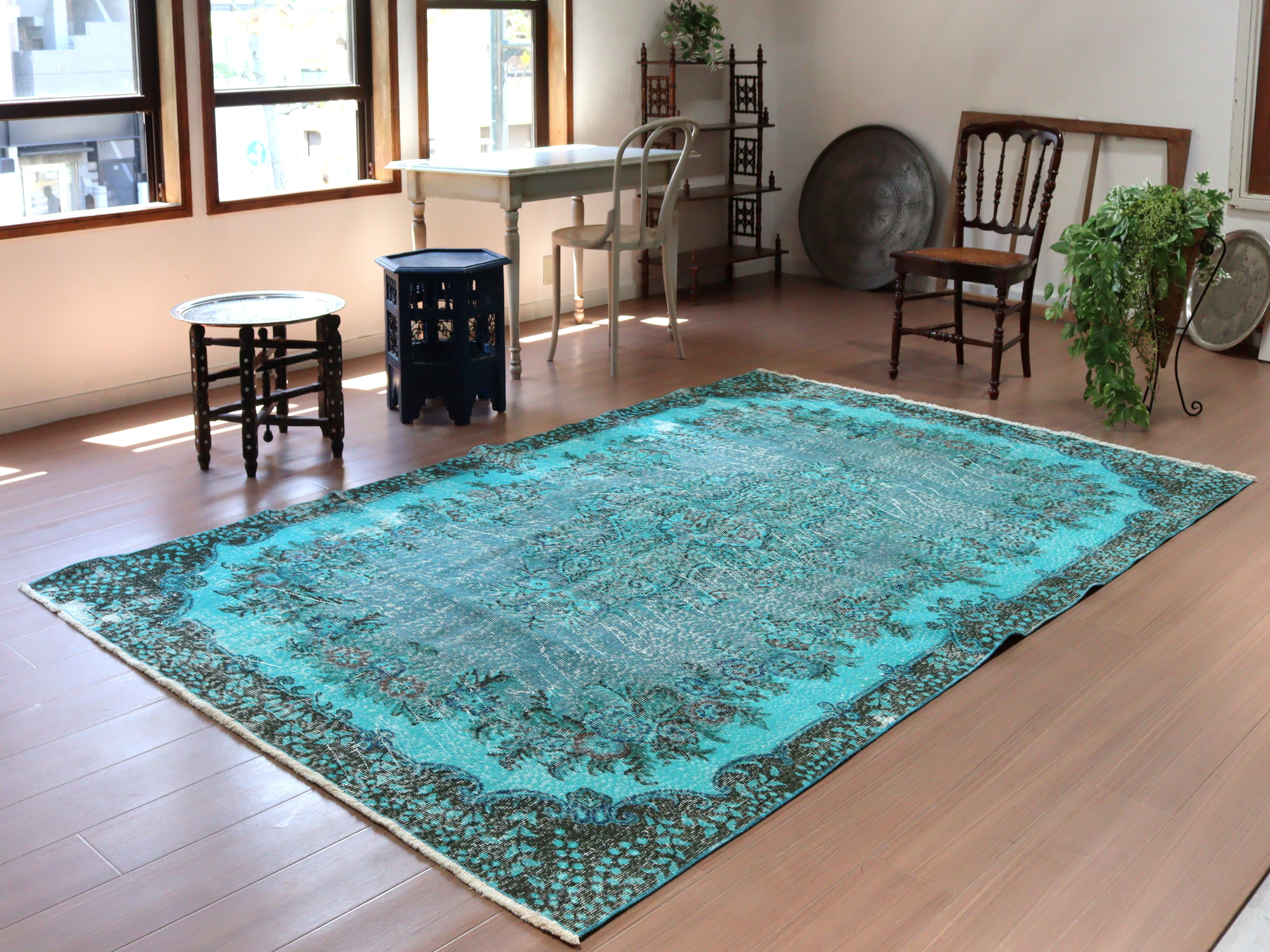 オーバーダイド ヴィンテージラグ ターコイズブルー265×175cm トルコ