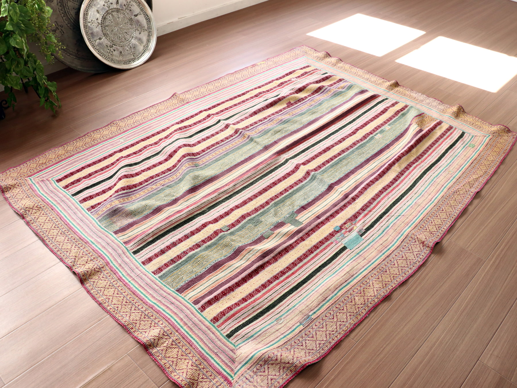 カンタ刺繍 ヴィンテージカンタ インド200×152cm ストライプ 古布