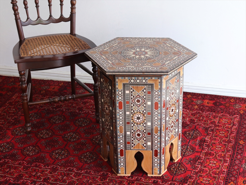 シリア製寄木細工の木製サイドテーブルLサイズ W52xH55xD52cm Syrian