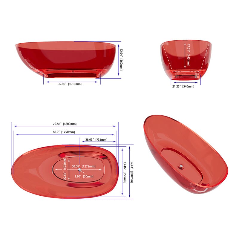 71'' Stone Resin Oval Color Transparent Freestanding Bathtub