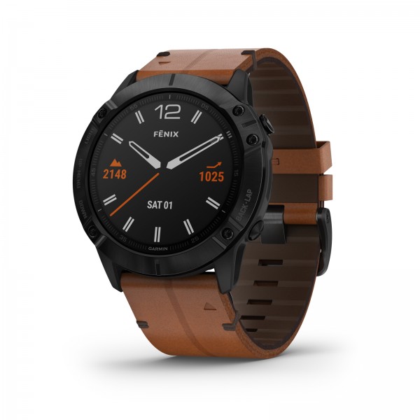 Garmin fenix 6X Sapphire Black DLC with Chestnut Leather Band