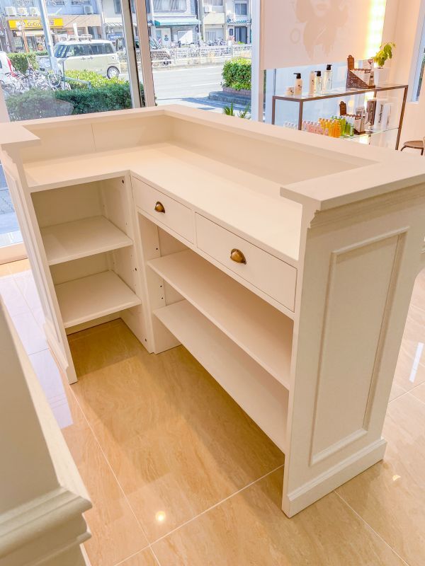 美容室向けL字カウンターW1500ホワイトアンティーク調受付カウンター