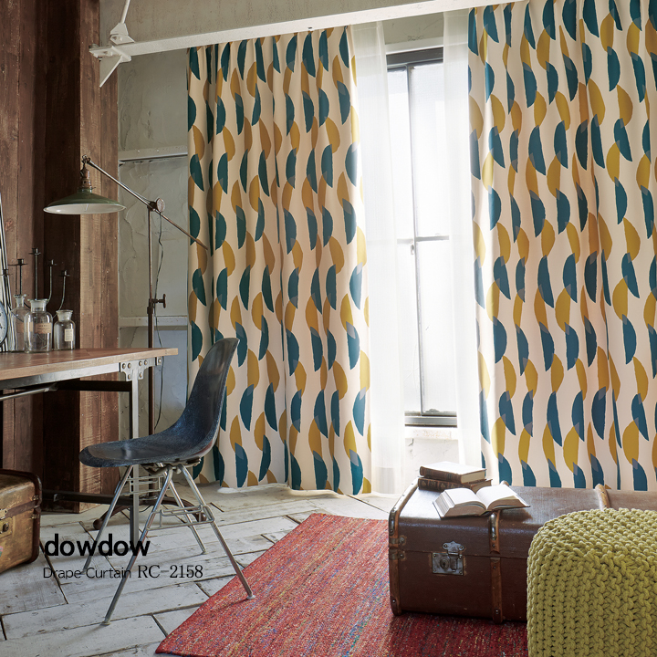 ミッドセンチュリー】ハーフサークルの幾何学柄の遮光カーテン【RC