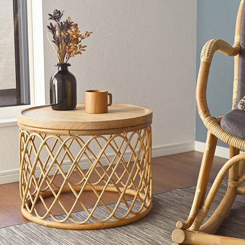 ラタン×チーク無垢材 サイドテーブルT085XP T085XP サンフラワーラタン