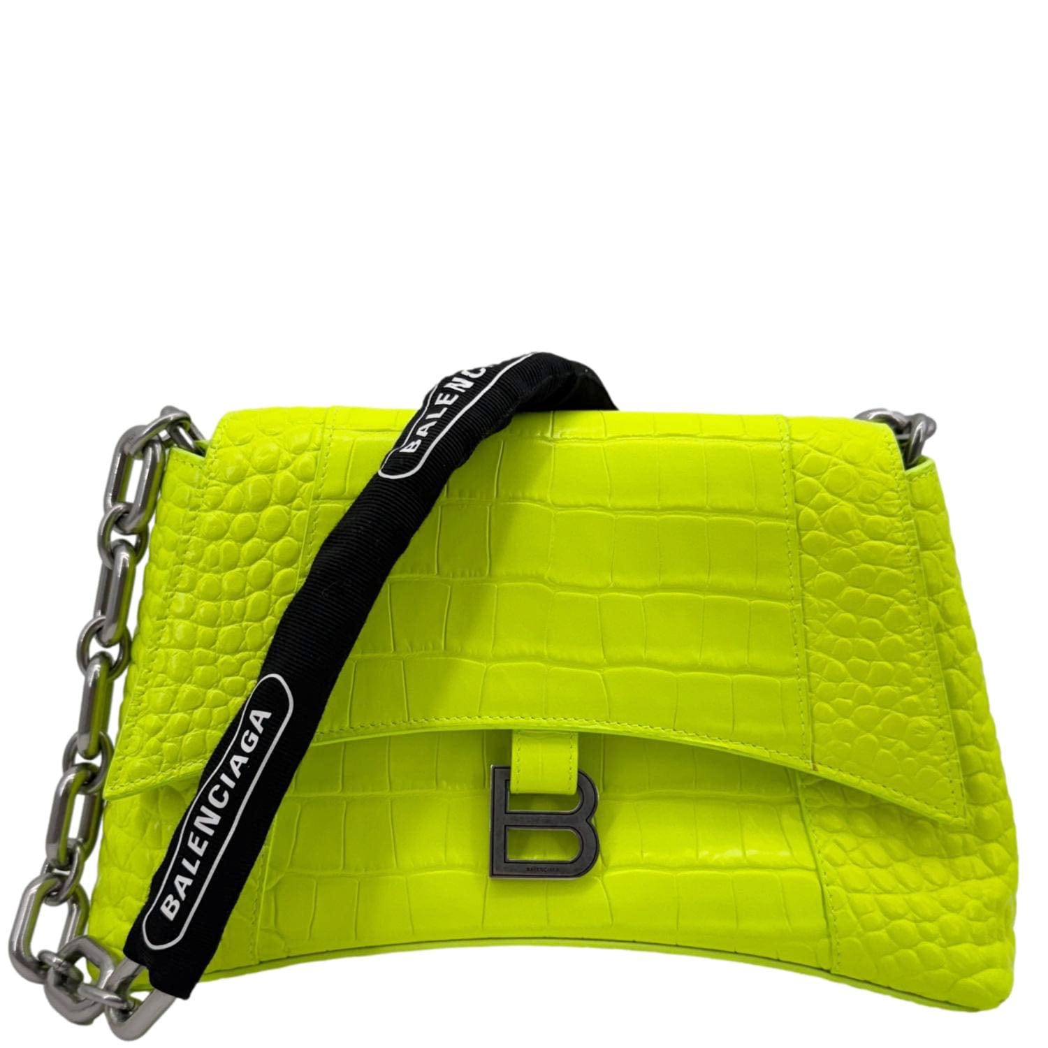 BALENCIAGA Downtown Small Calfskin Leather Chain Shoulder Bag Neon Yel
