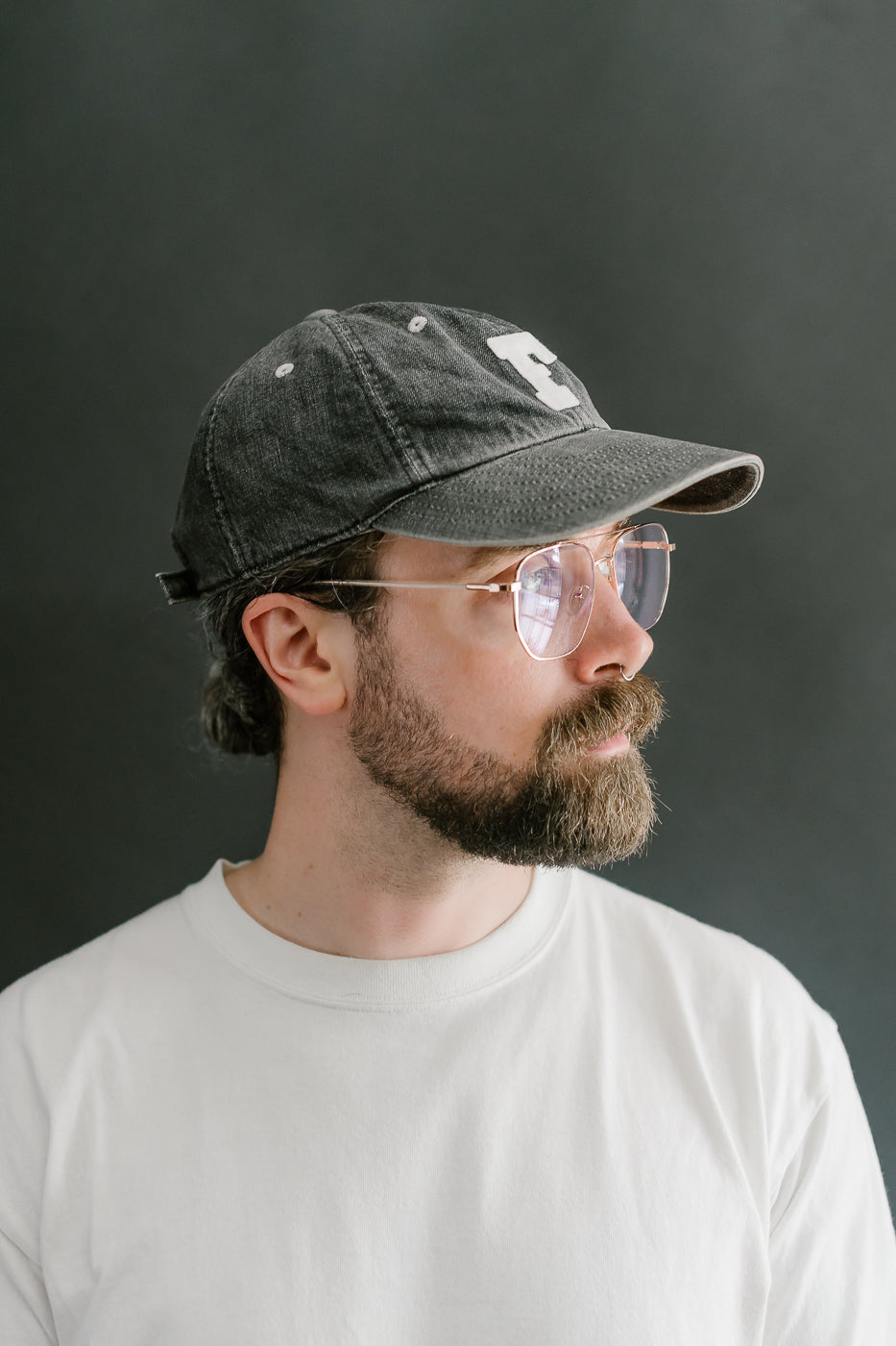 6843HW - 6 Panel Denim Baseball Cap 'F' Patch - Black Vintage Wash