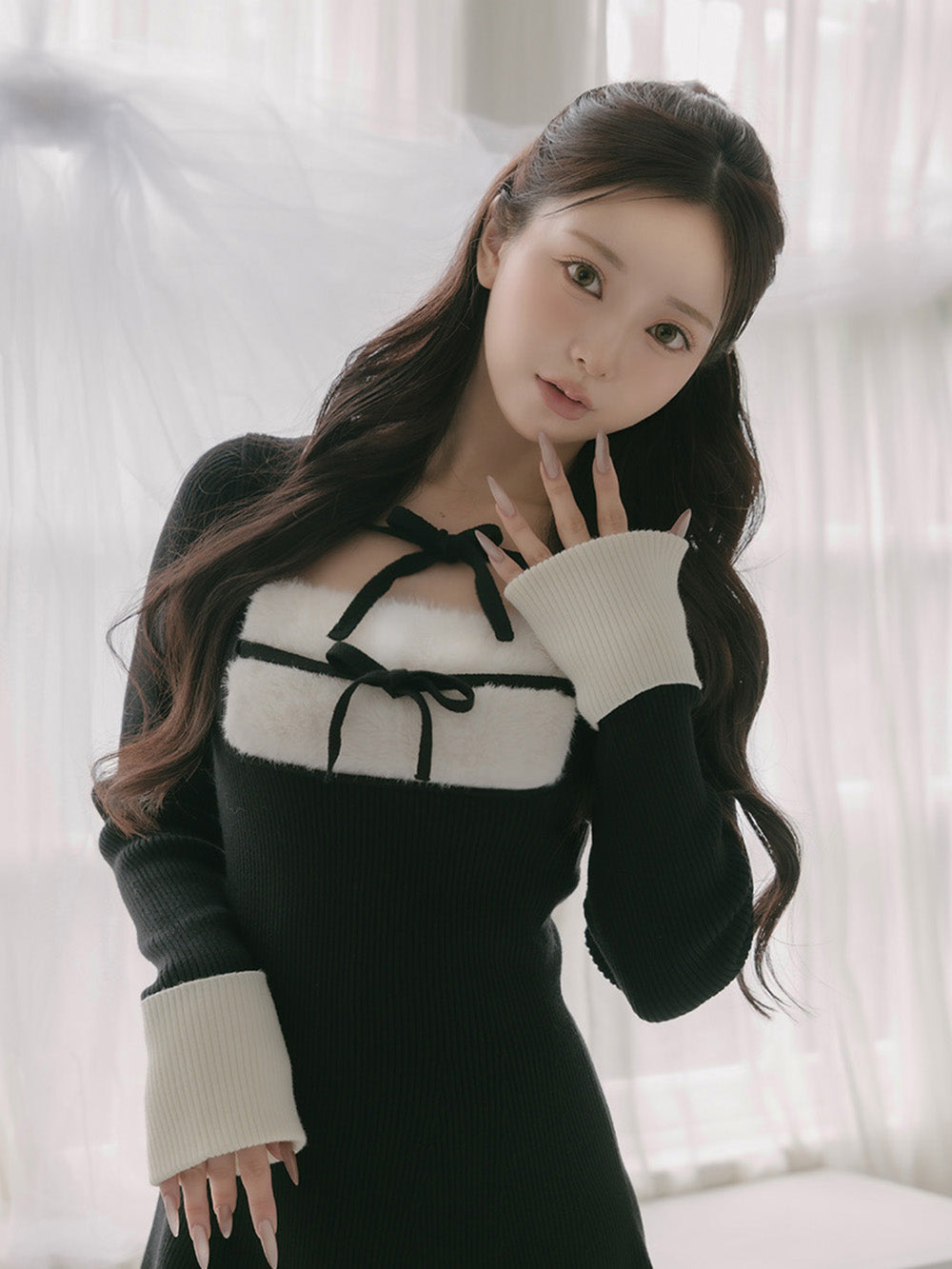 リボンファーフレアニットミニワンピース – Darich (ダーリッチ)