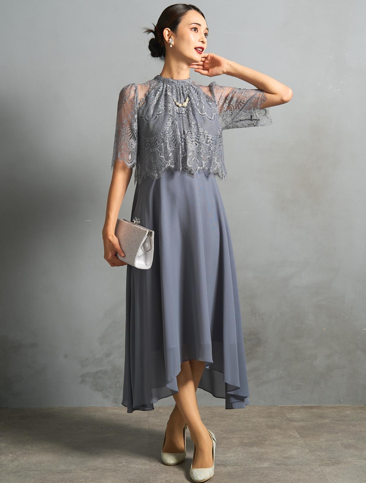 M/L】レーストップスヘム裾ドレス（ブルーグレー）DPSET0768のレンタル