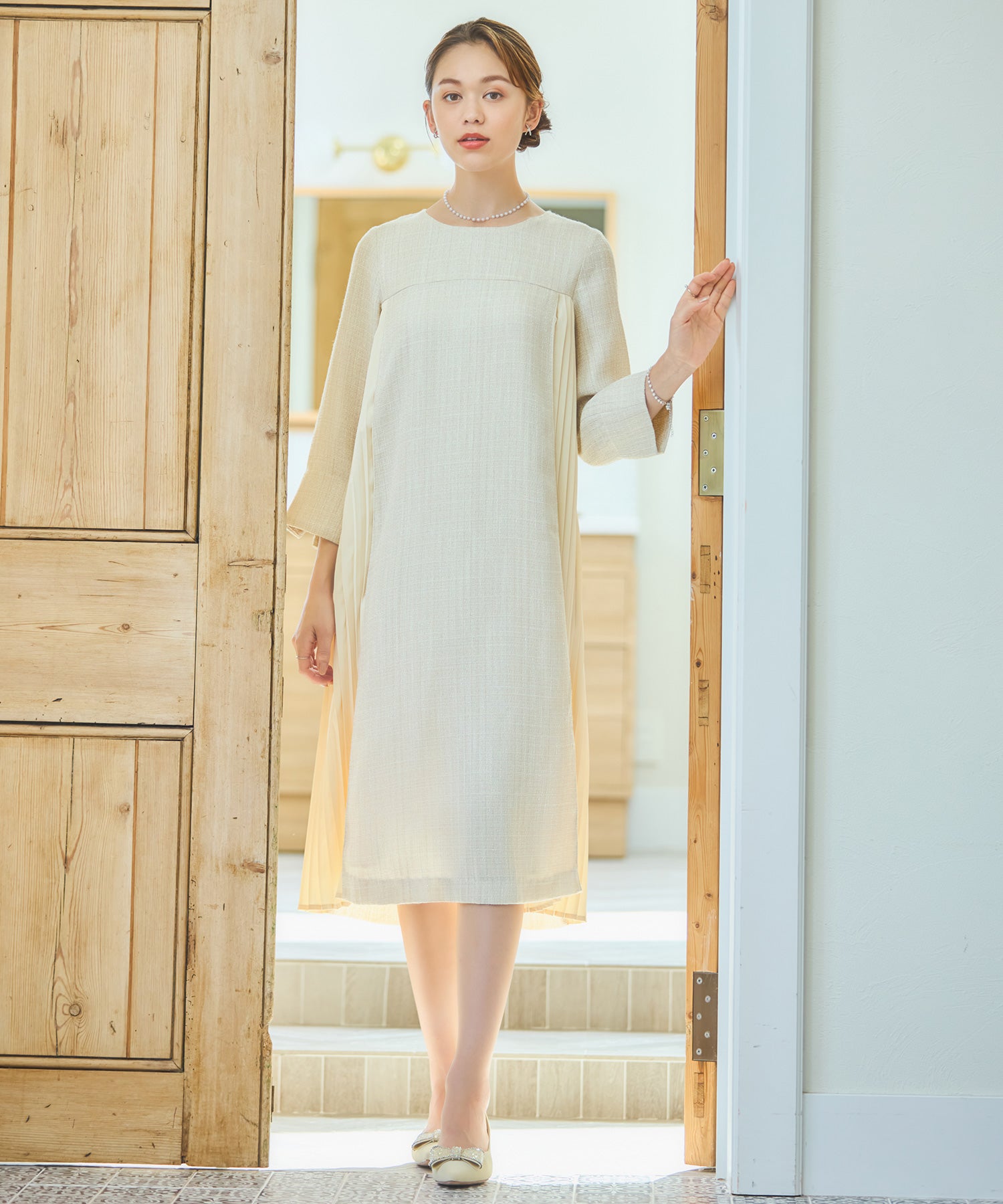 パーティードレス ツイード ワンピース 結婚式 ベージュ – [公式