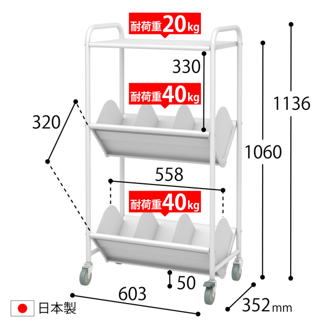 天板付ブックラックワゴン 仕切り8枚 大型75mmキャスター 2段 (BR-2LT)