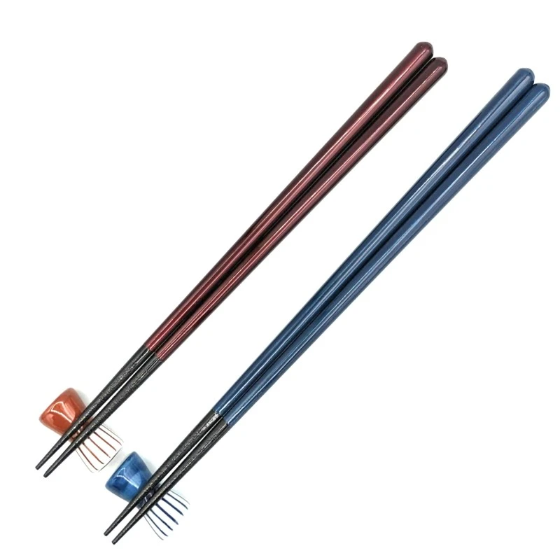 送料無料】八角塗分 銀青 銀赤 夫婦箸セット 箸置付【桐箱入】 - お