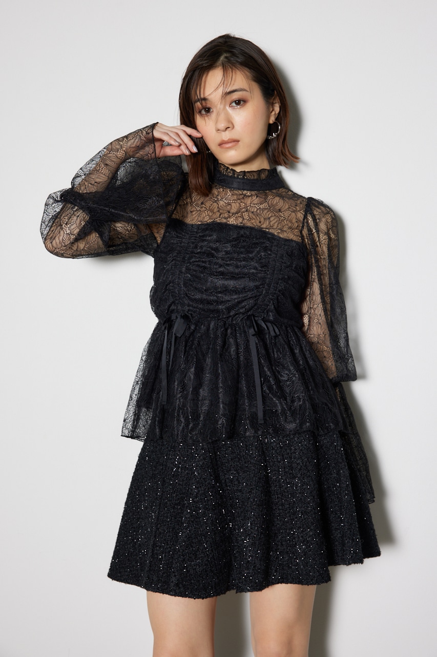 rienda | コルセット風シャーリングレースブラウス (シャツ・ブラウス