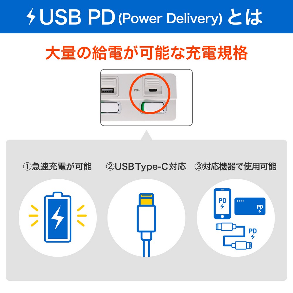 エルパ(ELPA) 電源タップ 個別スイッチ AC 3個口 USB Type-A -C 各1