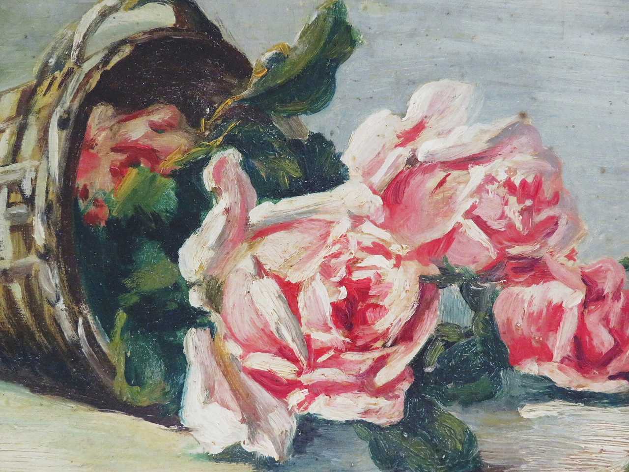 静物画油絵『薔薇の花かご』 - 薔薇と天使のアンティーク