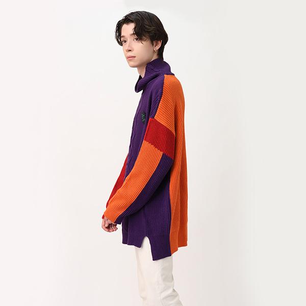 RADIO EVA 746 EVANGELION Panel Turtleneck Knit/ORANGE×RED×PURPLE