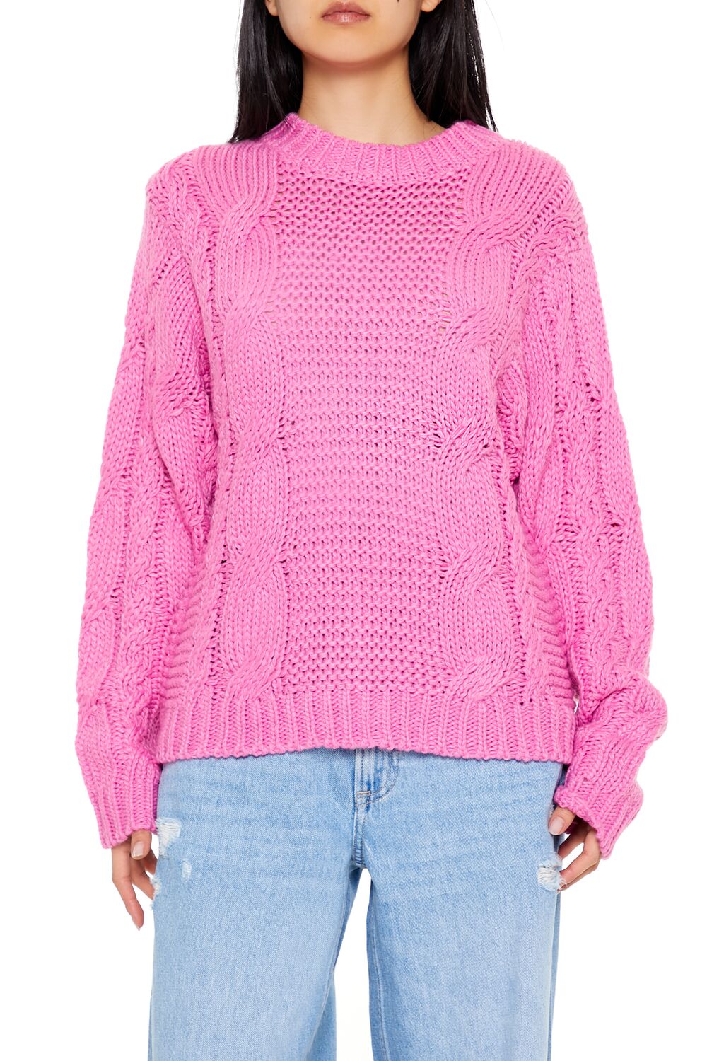 Ribbed-Trim Cable Knit Sweater