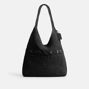 コーチ25年春ラフィアバッグ、ロゴ刺繍入りホーボー「ブルックリン」や
