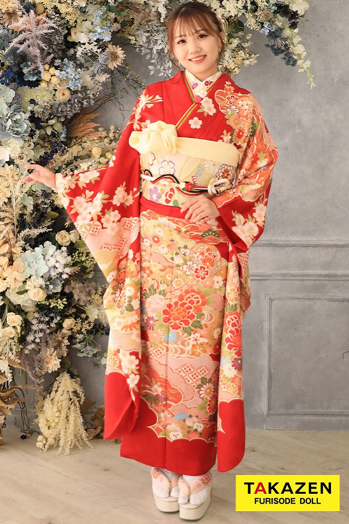 安い 正統派古典 赤/ゴールド(金色) 牡丹柄 人気 定番 可愛い古典振袖