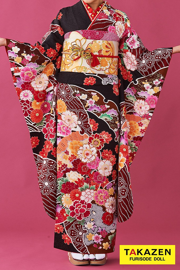 激安正統派古典 茶/赤/ブラウン ボタン柄 格安 大人っぽい 上品 振袖