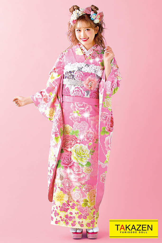 キュートガーリー ピンク バラ柄 ゆるふわ ゆめかわいい振袖ネット