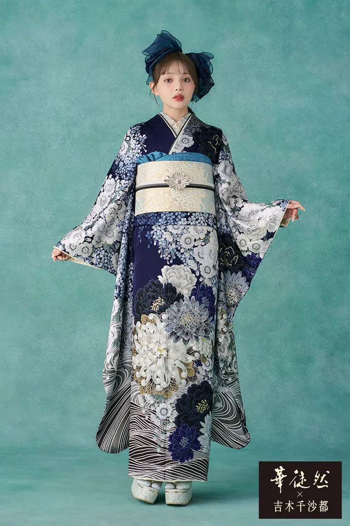 華徒然×吉木千沙都振袖ネットレンタル 青 牡丹柄/菊柄/大柄 おしゃれ