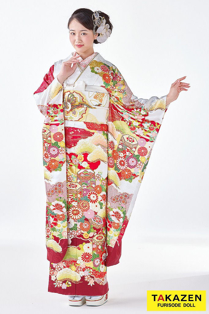 プレミアム古典 吉澤織物/最高級金彩手描友禅 白/赤 おしとやか 綺麗