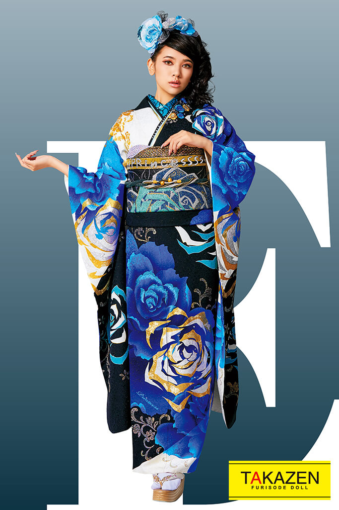 格安モード 黒/ブルー(青)/金 薔薇柄 派手 豪華 ギャル クール系振袖