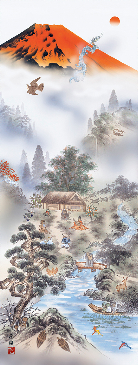 掛け軸 赤富士四神万全図 有馬荘園 尺三