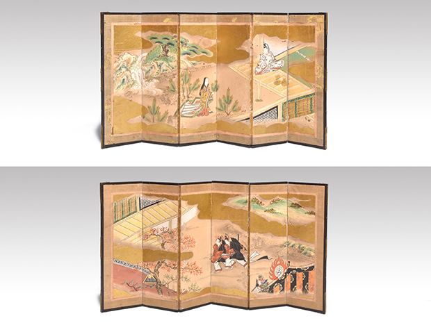 源氏絵 小屏風六曲一双 雛屏風 江戸後期 「紅葉賀・初音」 浅原革世氏