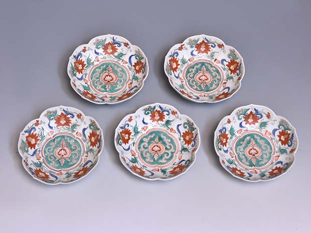 古伊万里（柿右衛門様式) 色絵唐花文桔梗形向付 5客 江戸時代元禄頃